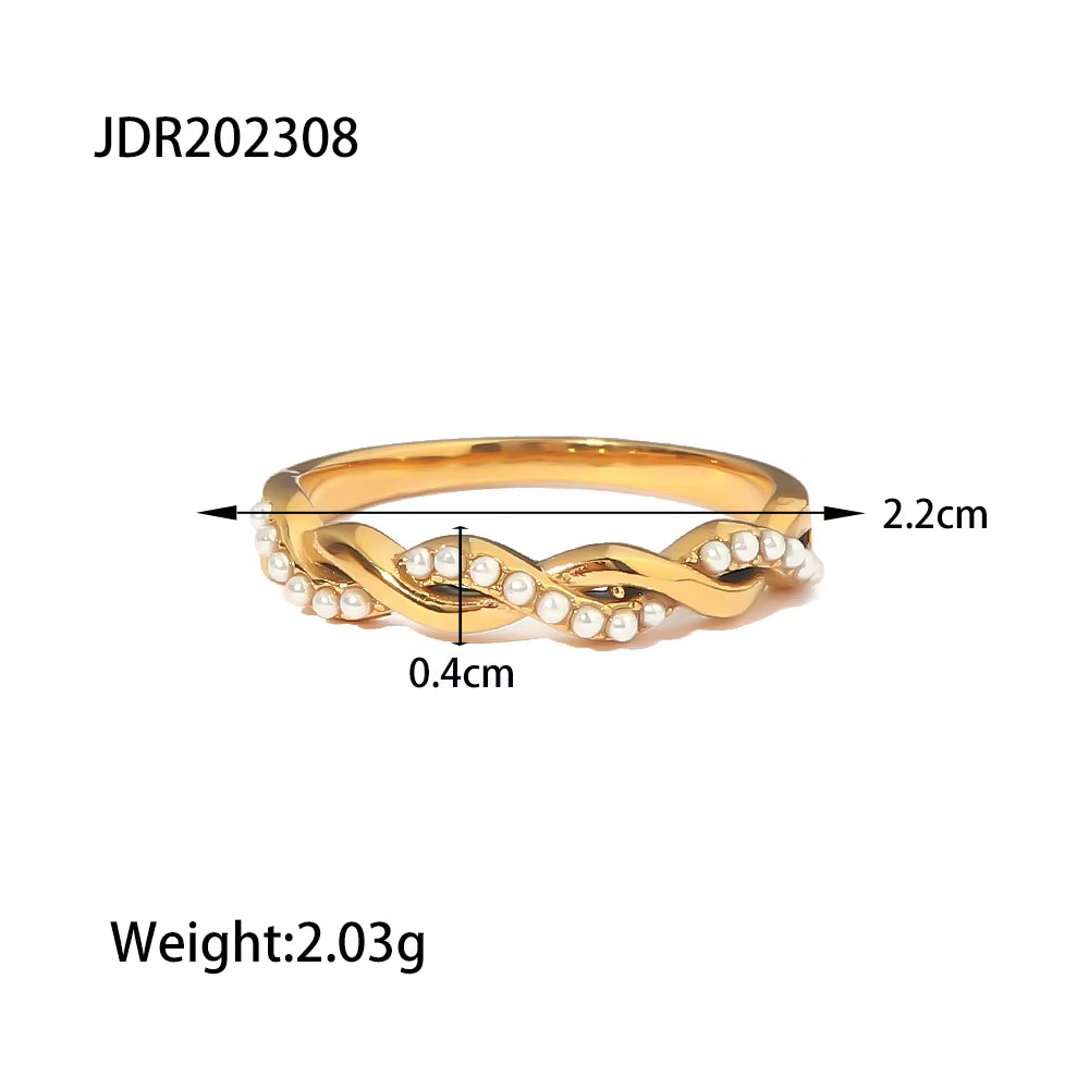 Uworld Simply Waterproof Dainty Twisted Pearl Ins Popular 18K PVD Gold Plated Stainless Steel Stacking Ring Bague Acier Inoxydab