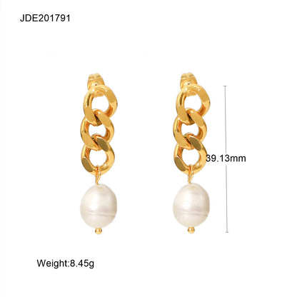 2022 New Natural Freshwater Pearl Charm 18K Stainless Steel Cuban Chain Drop Earrings for Women Gold Plated Statement Earring