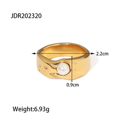 18K Gold PVD Plated 316L Stainless Steel Rings Finger Chunky Wedding Statement Jewelry Shell Freshwater Pearl Zircon Ring