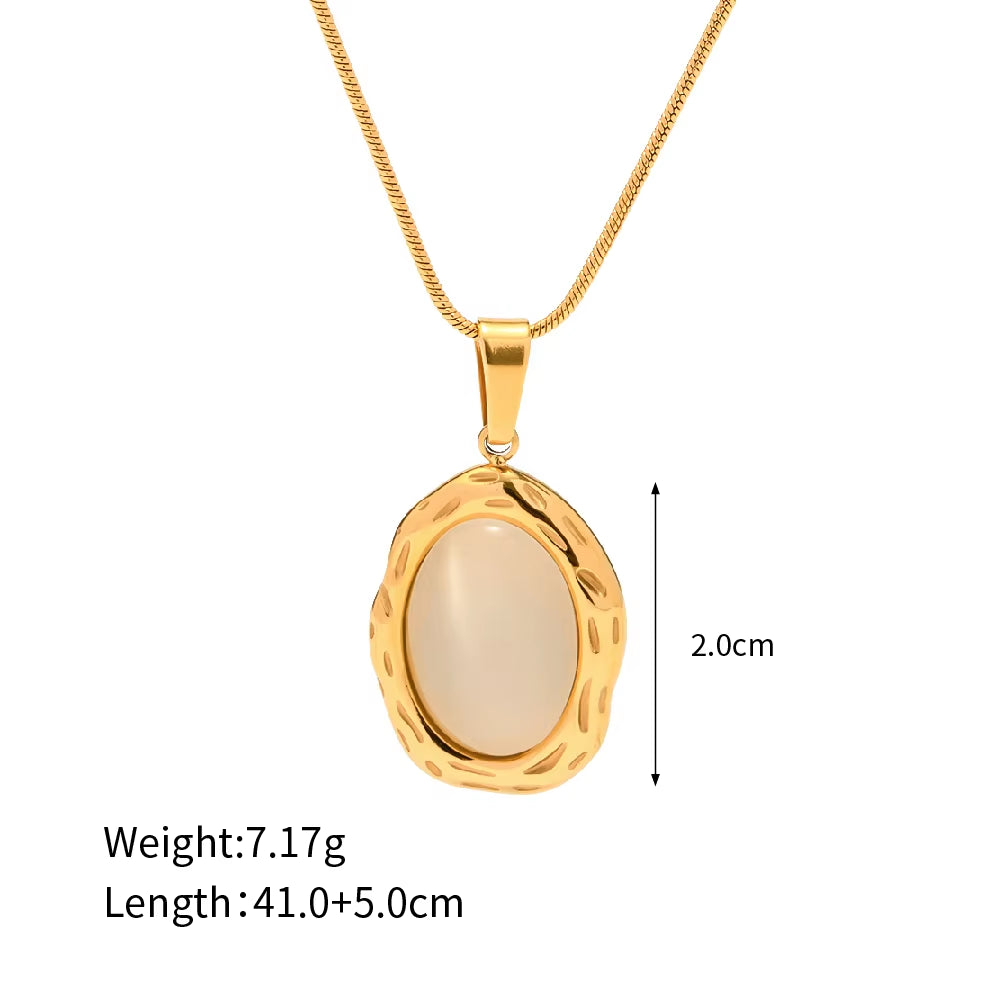 Luxury 18K Gold Plated Stainless Steel Oval Shape White Cat Eye Opal Stone Pendant Necklace Fashion Jewelry