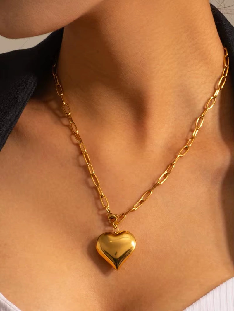 Uworld 18K Gold Plated Smooth Love Charm Stainless Steel Chunky Heart Pendant Necklace Bracelet Collar Acero Inoxidable Mujer