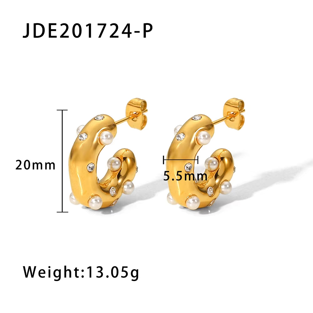 Shaped Hammer Shiny Zircon CC Shape Hoop Earrings for Women 18K Gold Plated Stainless Steel Circle Earrings Jewelry