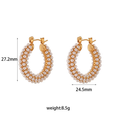 Uworld Unusual Elegant Imitation Pearls round Huggie Earrings 18K Gold Plated Stainless Steel Earrings Pendientes Fiesta