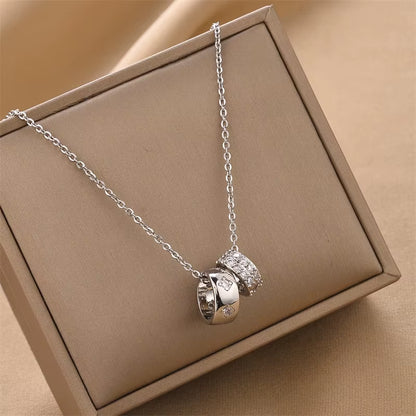 Luxurious Non-Tarnish Crystal Rhombus Necklace with Stainless Steel Ring Pendant in Gold for Women