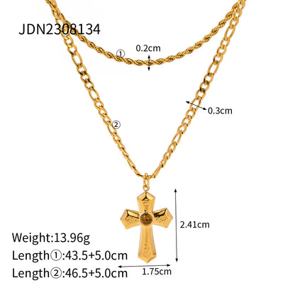 Uworld Stainless Steel Threaded Liquid Pleated Gold Cross Double Layer Necklace Minimalist Fashion Unisex Jewelry Bijoux