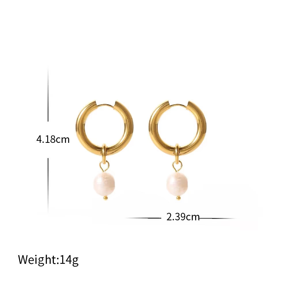 18K Gold Plated Stainless Steel Freshwater Pearl Pendant Huggie Earrings for Women Party Jewelry Accessories