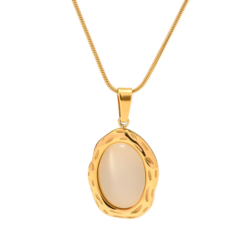 Luxury 18K Gold Plated Stainless Steel Oval Shape White Cat Eye Opal Stone Pendant Necklace Fashion Jewelry