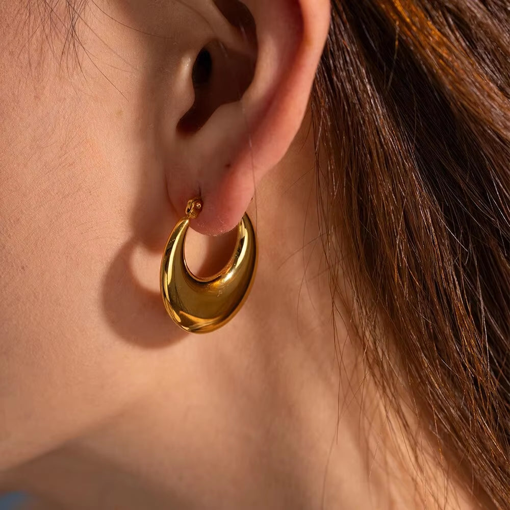 Stainless Steel Chunky Hoop Earrings with 18K Gold Plated Moon Design - Tarnish-Free Daily Wear