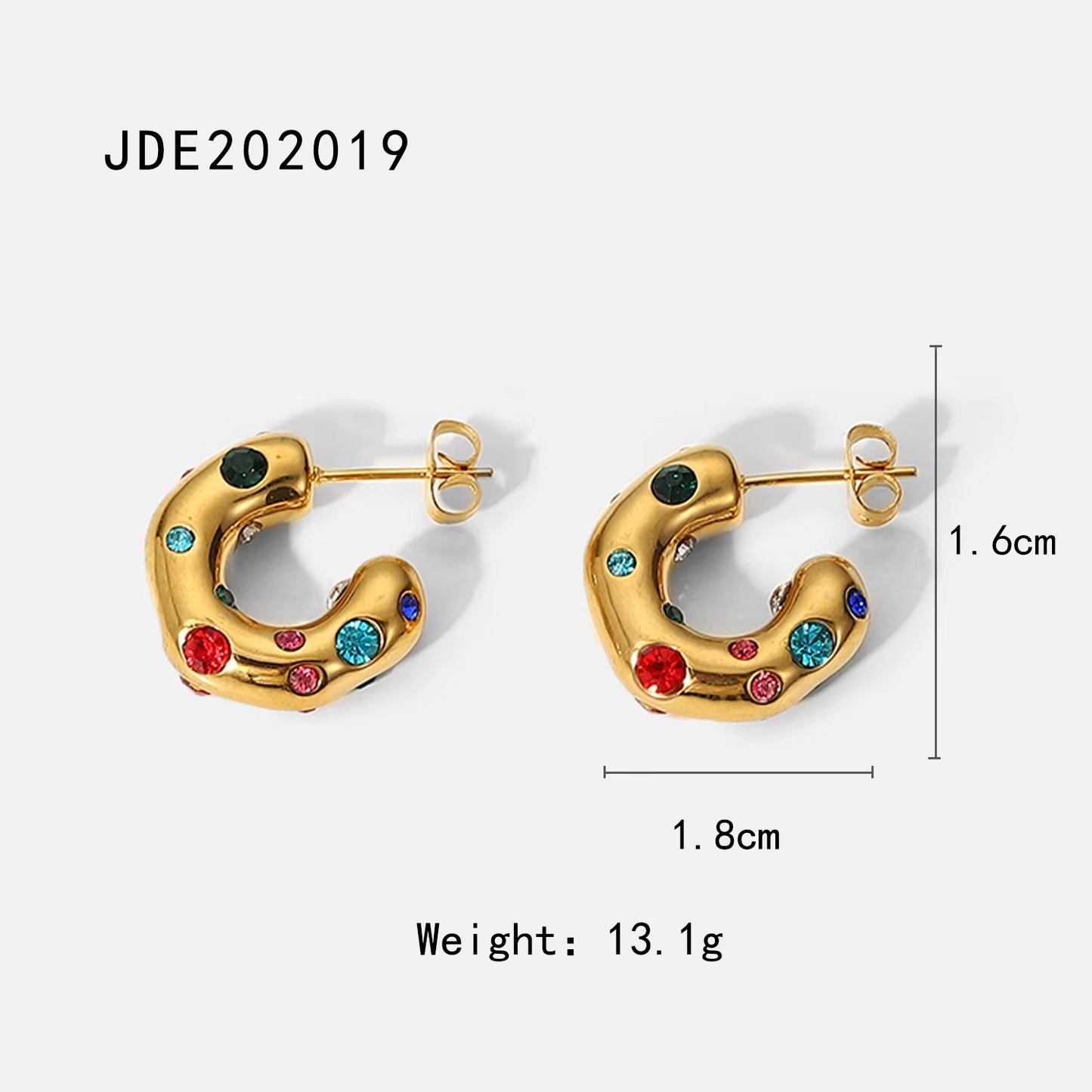 Shaped Hammer Shiny Zircon CC Shape Hoop Earrings for Women 18K Gold Plated Stainless Steel Circle Earrings Jewelry