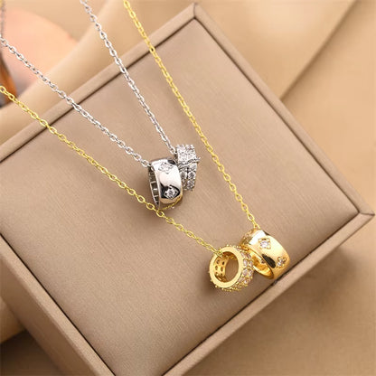 Luxurious Non-Tarnish Crystal Rhombus Necklace with Stainless Steel Ring Pendant in Gold for Women