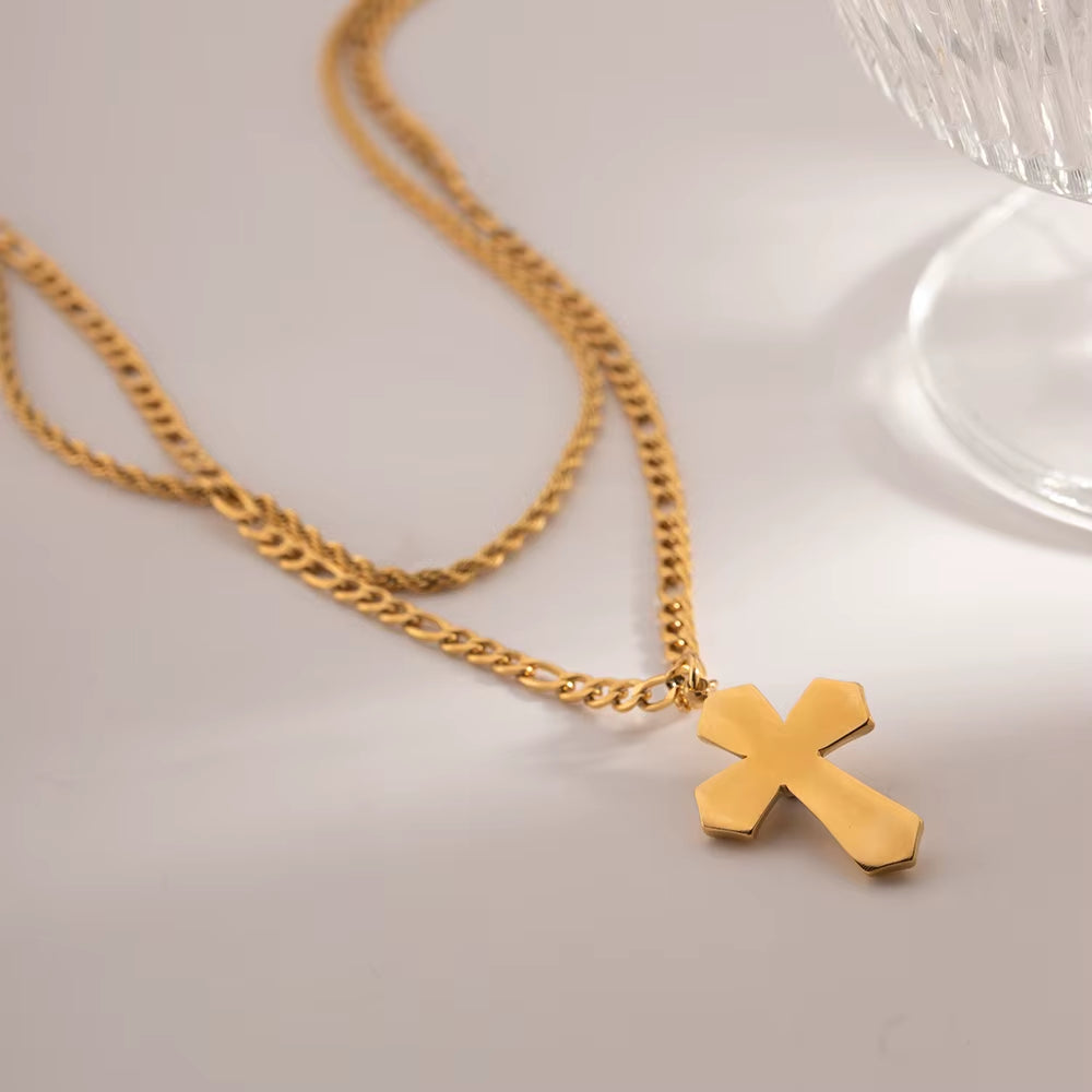 Uworld Stainless Steel Threaded Liquid Pleated Gold Cross Double Layer Necklace Minimalist Fashion Unisex Jewelry Bijoux