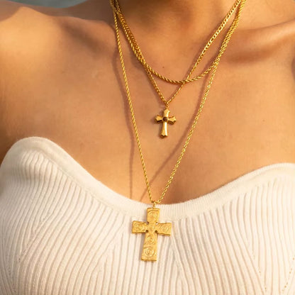 Uworld Stainless Steel Threaded Liquid Pleated Gold Cross Double Layer Necklace Minimalist Fashion Unisex Jewelry Bijoux