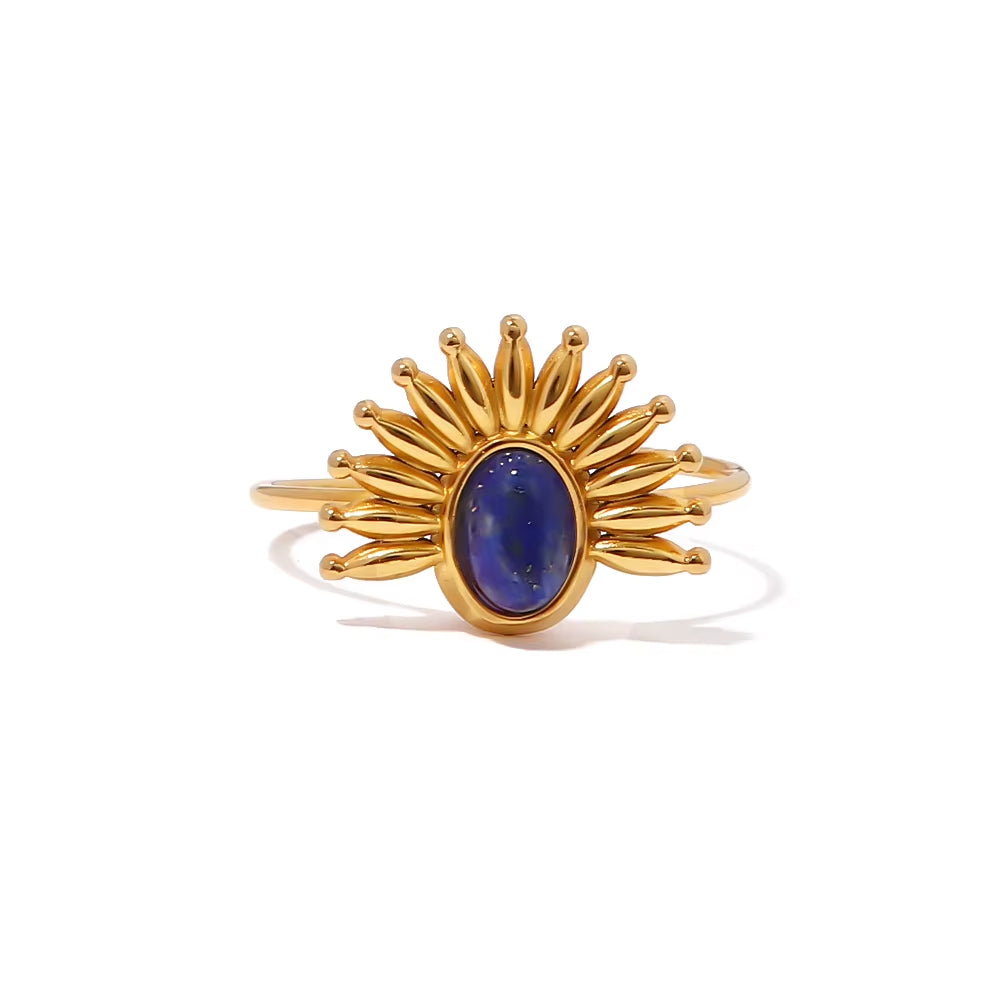 Uworld Statement Waterproof 18K Gold Plated Stainless Steel Jewelry Exaggerate Opening Lapis Lazuli Rings for Women Charm Stone