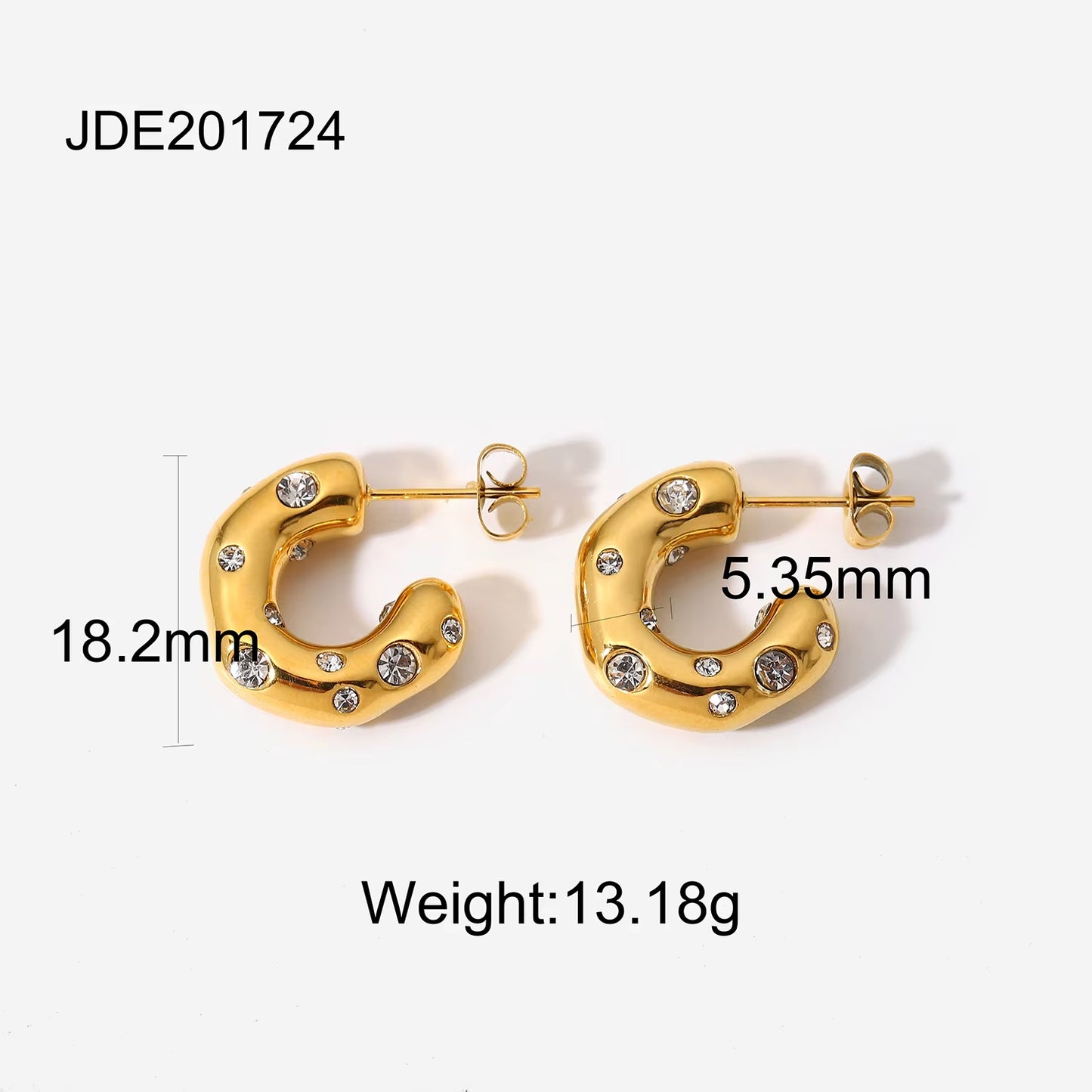 Shaped Hammer Shiny Zircon CC Shape Hoop Earrings for Women 18K Gold Plated Stainless Steel Circle Earrings Jewelry