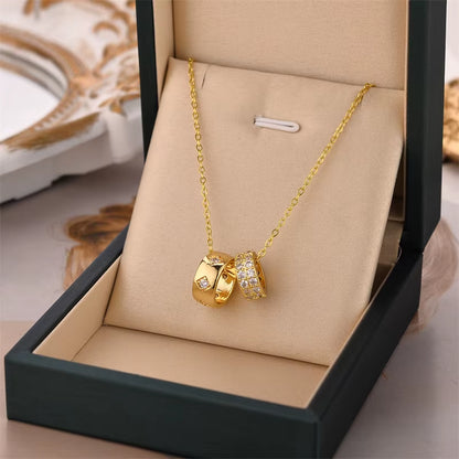 Luxurious Non-Tarnish Crystal Rhombus Necklace with Stainless Steel Ring Pendant in Gold for Women