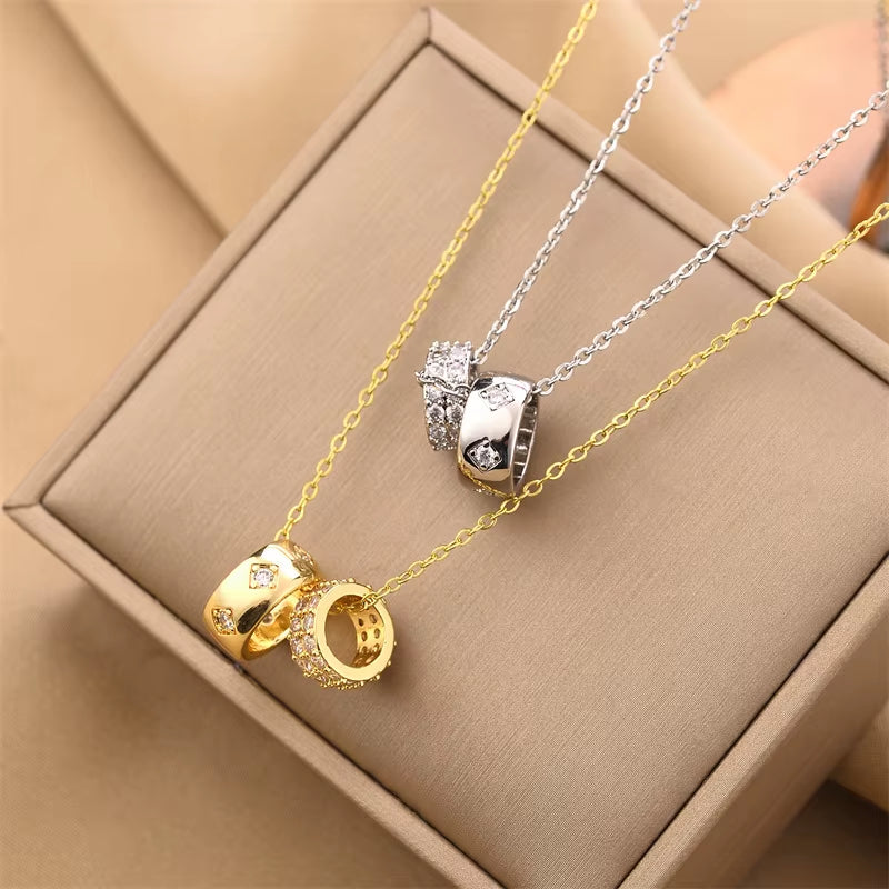 Luxurious Non-Tarnish Crystal Rhombus Necklace with Stainless Steel Ring Pendant in Gold for Women