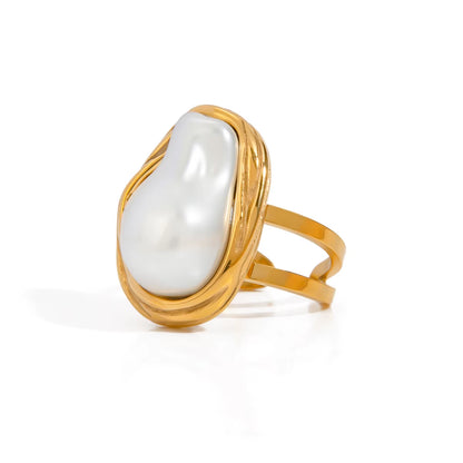 Fashion Imitation Pearl Stainless Steel Gold Color Ring for Women Engagement Party Gift Temperament Jewelry 2024