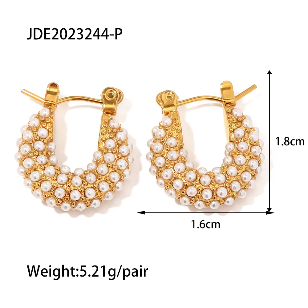 Uworld Unusual Elegant Imitation Pearls round Huggie Earrings 18K Gold Plated Stainless Steel Earrings Pendientes Fiesta