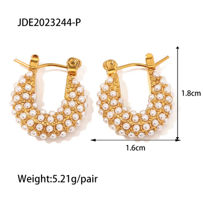 Uworld Unusual Elegant Imitation Pearls round Huggie Earrings 18K Gold Plated Stainless Steel Earrings Pendientes Fiesta