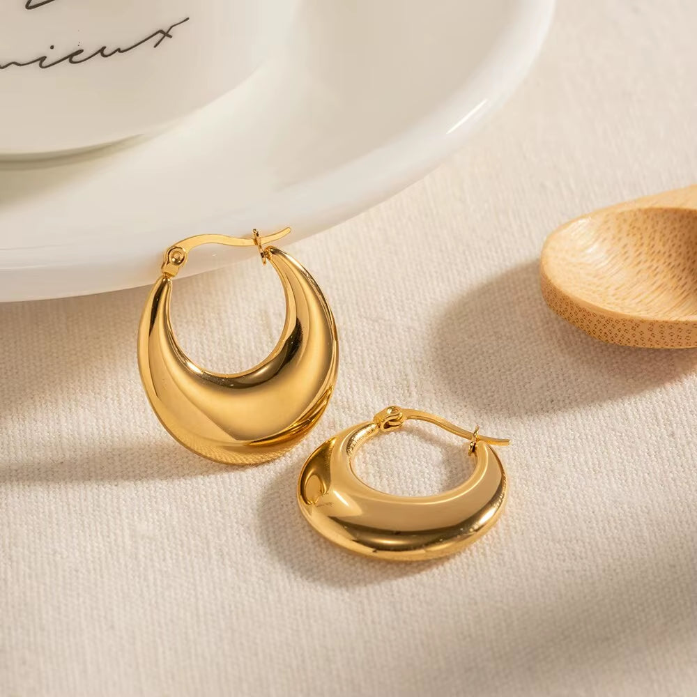 Stainless Steel Chunky Hoop Earrings with 18K Gold Plated Moon Design - Tarnish-Free Daily Wear