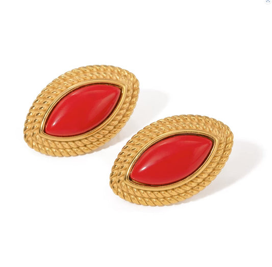 Uworld Vintage Inspired Wine18K Gold Color Plated Red Oval Big Stud Earrings Women 2024 Statement Stainless Steel Minimal Jewelr