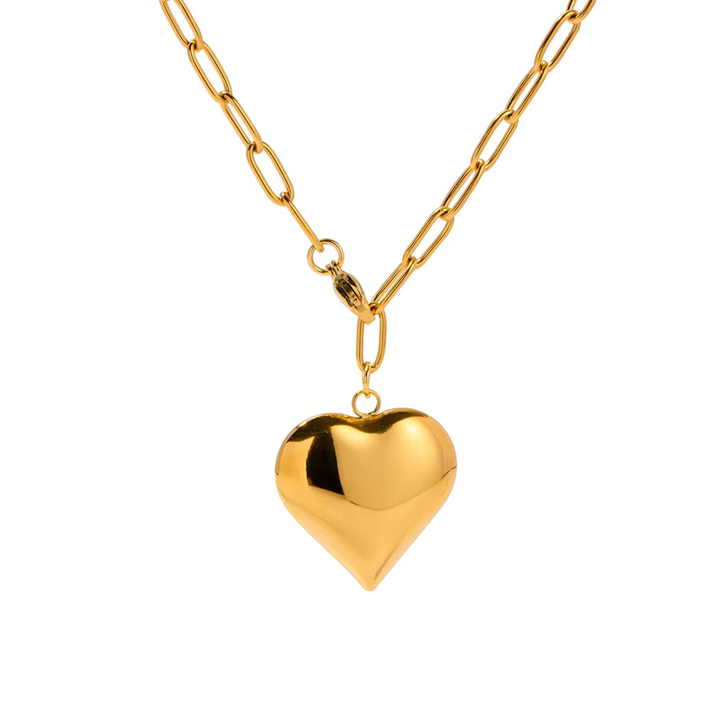 Uworld 18K Gold Plated Smooth Love Charm Stainless Steel Chunky Heart Pendant Necklace Bracelet Collar Acero Inoxidable Mujer