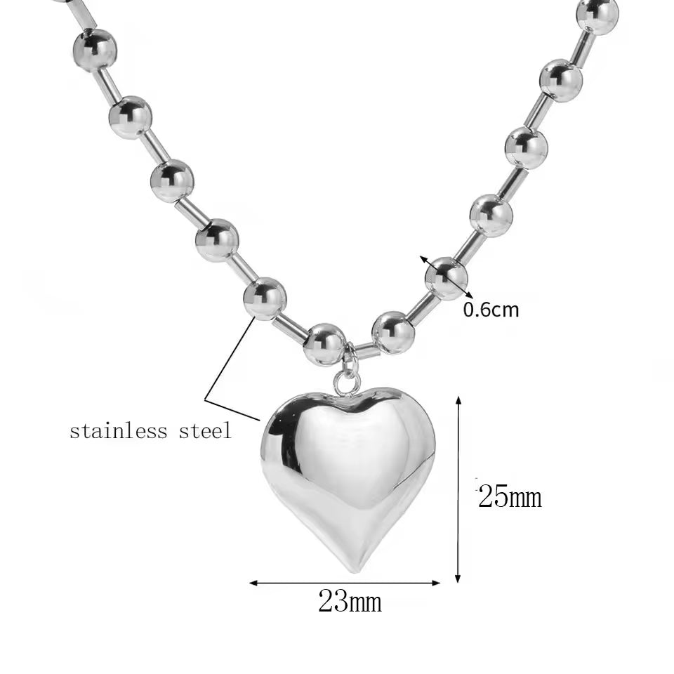 Stainless Steel Heart Necklaces for Women 6Mm Gold/Silver Color Metal Ball Bead Chain Choker Collier Femme Valentine'S Day Gift