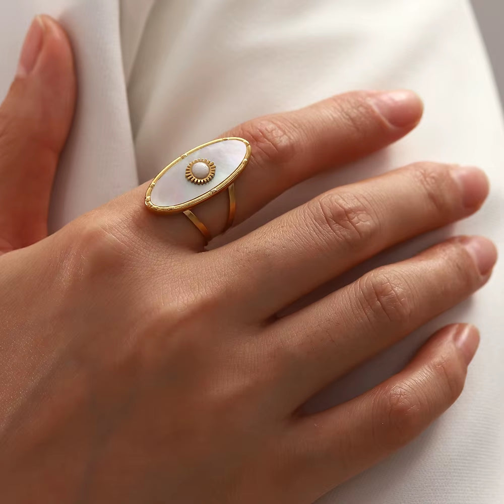 Uworld Vintage Oval round Natural Shell Pearl 18K PVD Gold Plated Stainless Steel Opening Rings Women Jewelry Anillos Mujer