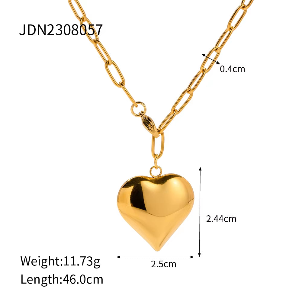 Uworld 18K Gold Plated Smooth Love Charm Stainless Steel Chunky Heart Pendant Necklace Bracelet Collar Acero Inoxidable Mujer