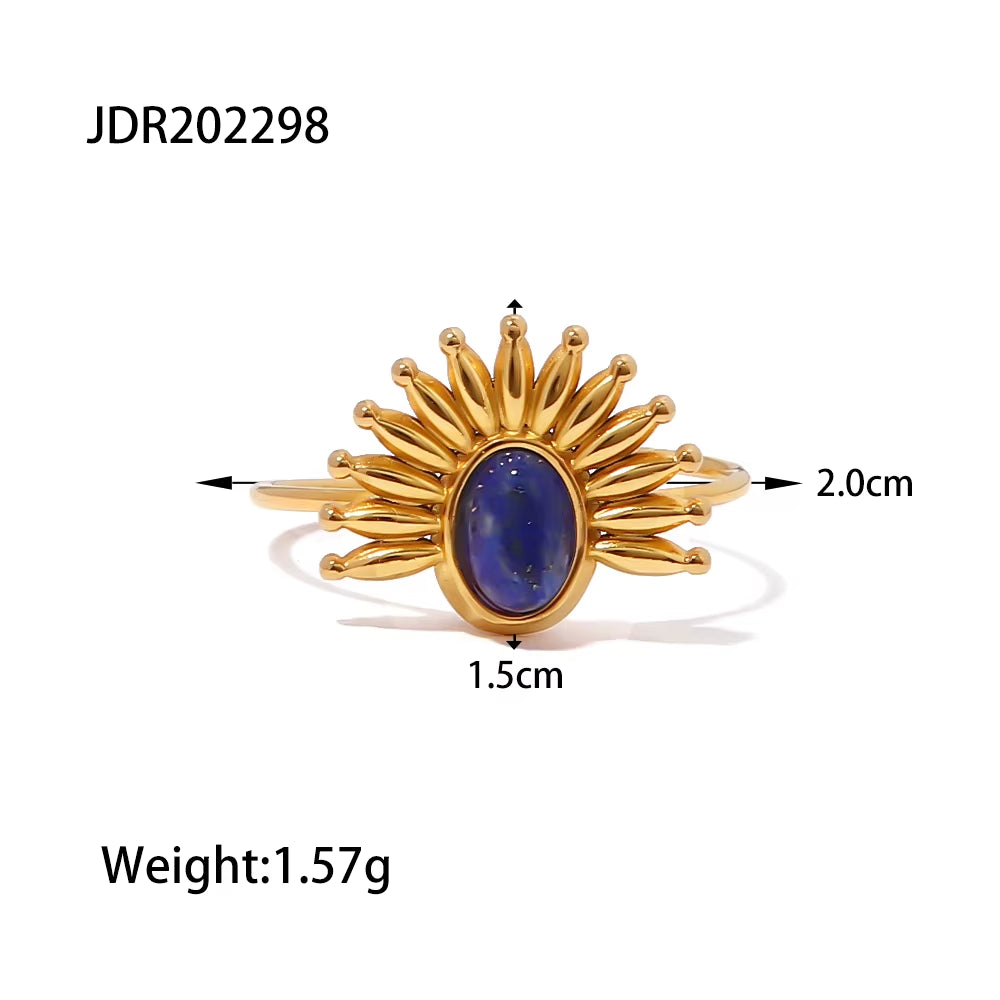 Uworld Statement Waterproof 18K Gold Plated Stainless Steel Jewelry Exaggerate Opening Lapis Lazuli Rings for Women Charm Stone