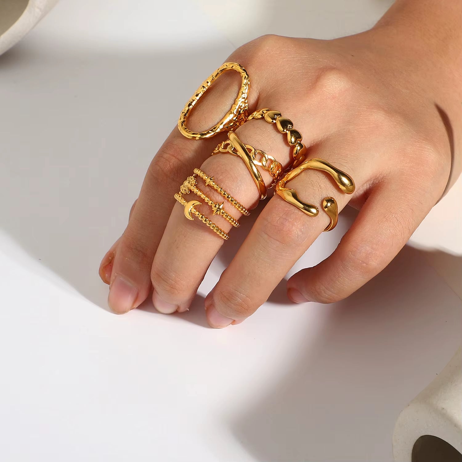 Stainless Steel Jewelry Rings Set for Women 18K Gold Plated Link Chain Geometric Twisted Wide Band Open Adjustable Rings