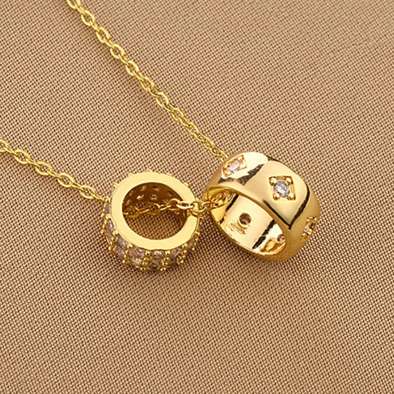 Luxurious Non-Tarnish Crystal Rhombus Necklace with Stainless Steel Ring Pendant in Gold for Women