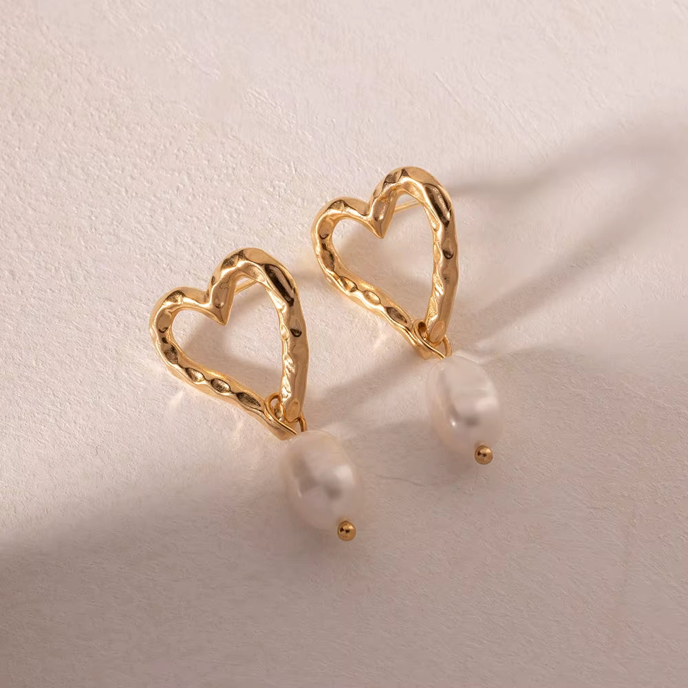 Uworld 18K Gold Color Stainless Steel Pearl Love Pendant Earrings Creative Metal High Quality Waterproof Romantic Chic Jewelry