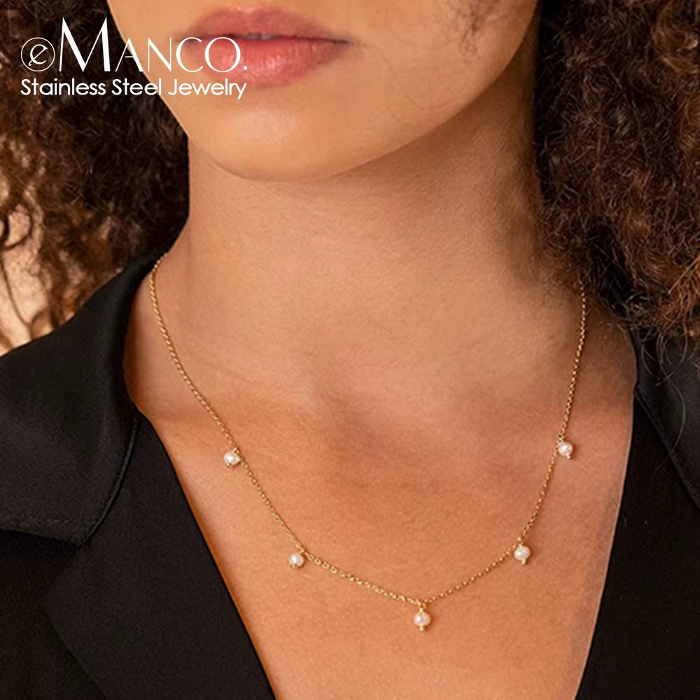 Emanco Stainless Steel Imitation Pearl Pendant Necklace - Elegant Fashion Jewelry for Women Gifts