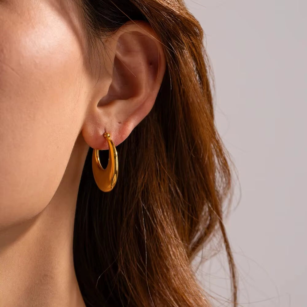 Stainless Steel Chunky Hoop Earrings with 18K Gold Plated Moon Design - Tarnish-Free Daily Wear