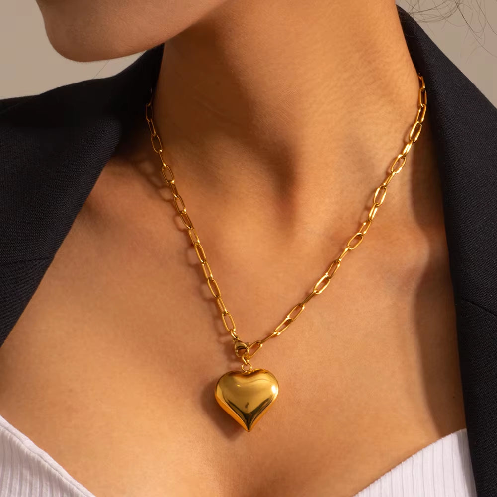 Uworld 18K Gold Plated Smooth Love Charm Stainless Steel Chunky Heart Pendant Necklace Bracelet Collar Acero Inoxidable Mujer