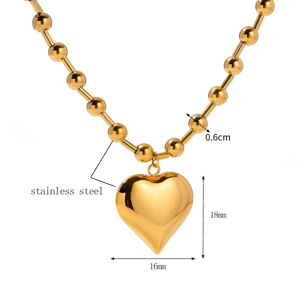 Stainless Steel Heart Necklaces for Women 6Mm Gold/Silver Color Metal Ball Bead Chain Choker Collier Femme Valentine'S Day Gift